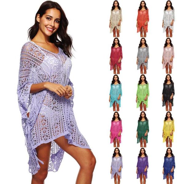 

hollow pure women v neck plus size irregular bikini beach cover ups, Blue;gray