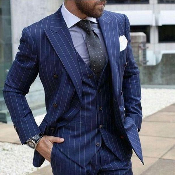 Mode blauen Streifen Bräutigam Smoking zweireihigen Groomsmen Wedding Dress Excellent Mann Jacke Blazer 3 Stück Anzug (Jacket + Pants + Vest + Tie) 66