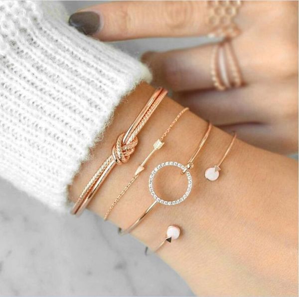

4 pcs/set bohemia vintage bangle silver knot ball open gold bracelet for women party wedding accessories statement jewelry, White