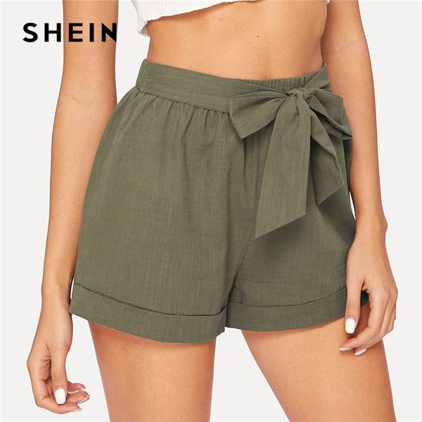 

shein self belted elastic waist shorts fitness swish women army green solid mid waist shorts 2019 fashion summer, White;black