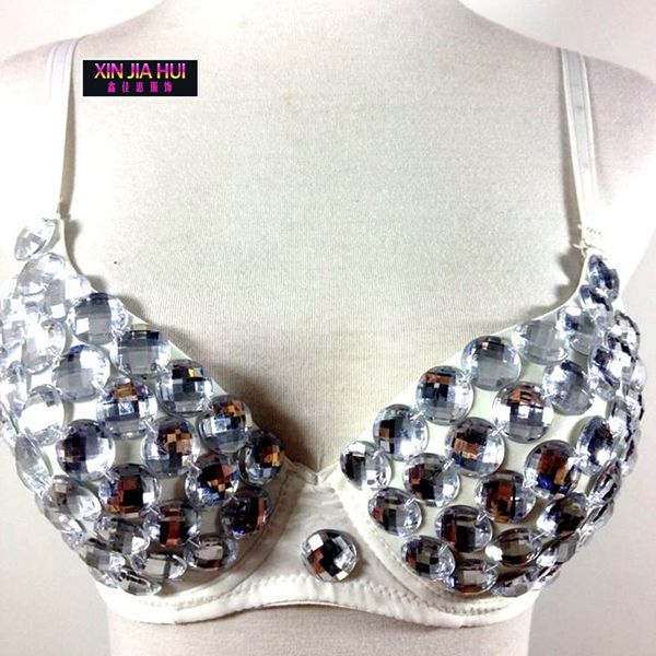 

shiny plastic gemstone embellished new pattern european fashion modern dance stage color diamond bras ds nightclub play, Black;red