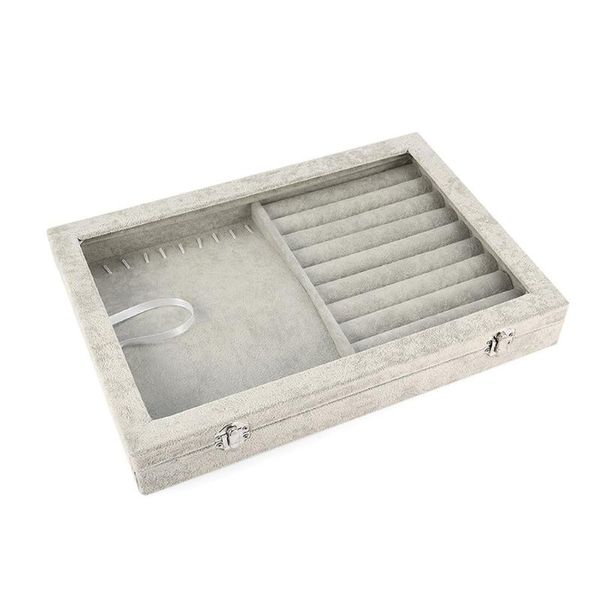 

ice velvet organizer with transparent acrylic lid jewelry display ring necklace storage box 2-in-1 tray showcase
