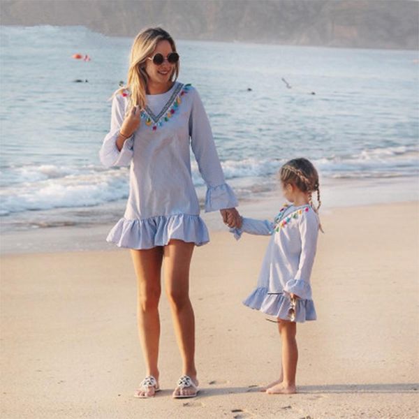 

newborn baby girl family matching clothes mom and daughter dress nine quarter stripe tassel mini mother and daughter outfits232, Blue