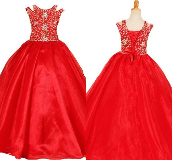 Vermelho Cristal Frisado Meninas Pageant Vestidos Princesa 2019 Organza Lace-Up Flower Girl Vestidos para Wedding Criança Especial Ocasião Vestido