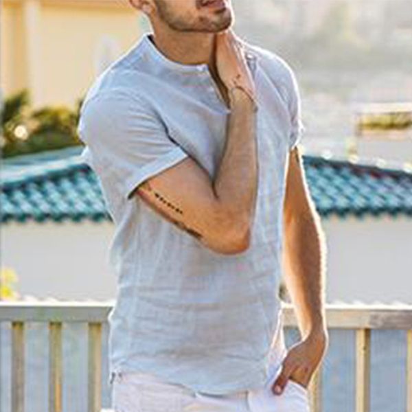 

mens shirts summer casual button short sleeve solid shirts for men clothing o neck streetwear camisas hombre, White;black