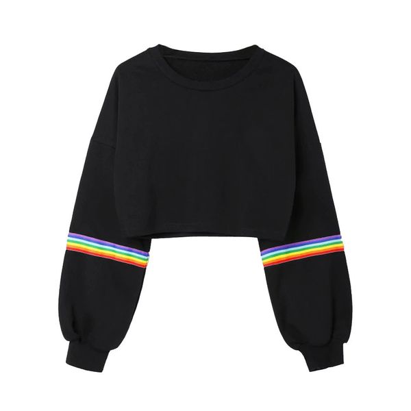 

women hoodies sweatshirts long sleeves rainbow stripe design casual short pullover sweater autumn and winter ladies clothes, Black
