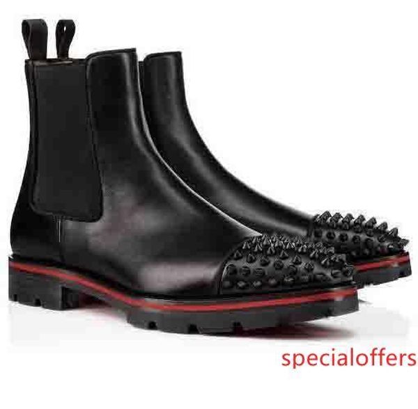 

fashion luxury men boots red bottom design men ankle boots low heels genuine leather suede with rivets melon spikes flat short knight bo, Black