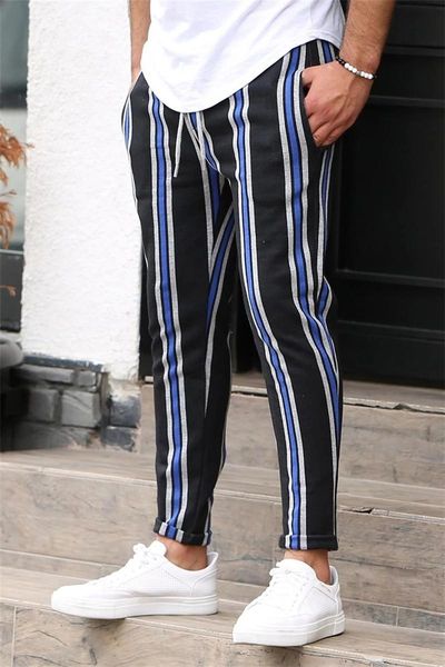 

stripe print mens designer pants fashion slim mulit colors panelled mens sports pants casual males clothing, Black