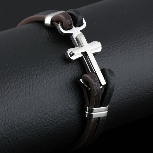 

queen66 2020 high polished cross leather bracelets for men black with bronze double cowhide rope jewelry gift for boy