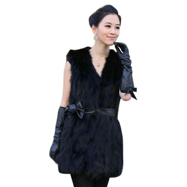 

women winter elegant sleeveless faux fur thick warm slim v neck natural color open stitch lady plus size, Black