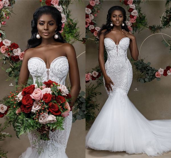 

african off shoulder mermaid wedding dresses with sweep train lace appliqued black girl plus size beach bridal gown, White