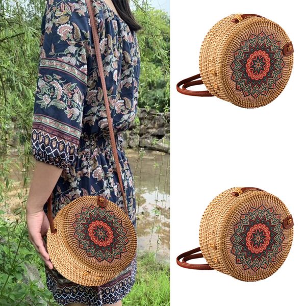 

bolso circle handwoven bali round retro rattan straw beach bag crossbody correas de cuero lazo hasp vacaciones playa bandolera