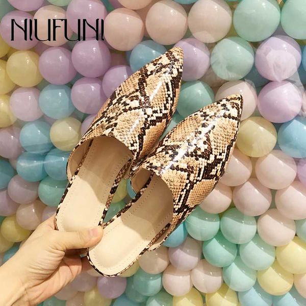 

mules shoes woman pointed toe snake pattern women slippers sandals beach slides niufuni flat shoes for women zapatillas mujer, Black