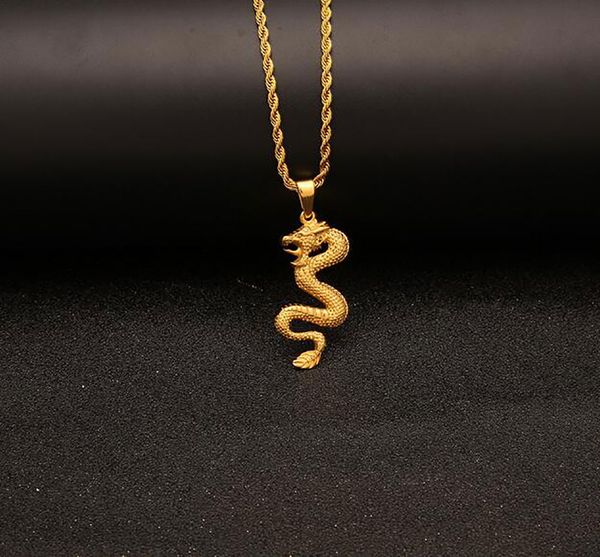 

18k gold plated gold dragon pendant necklace mens charm with 24inch cuban link chain hip hop jewelry, Silver