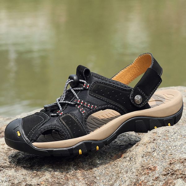 

genuine leather designer casual shoes luxury slide wide flat slippery summer beach sandals package toes breath slipper flip flop, Black