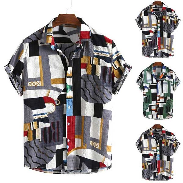 

men's casual shirts 2021 fashion men variety printed hawaiian vintage style rolled up short sleeve summer loose geometric pattern, White;black