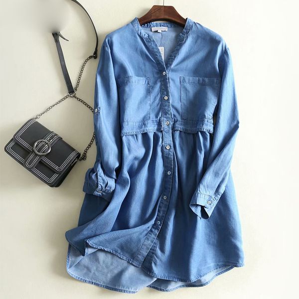 

для женщин дизайнера одежды женщин дизайнера одежда 2019 женщин vintage синего tencel джинсового платья v шеи длинного рукава карманы платья, Black;gray