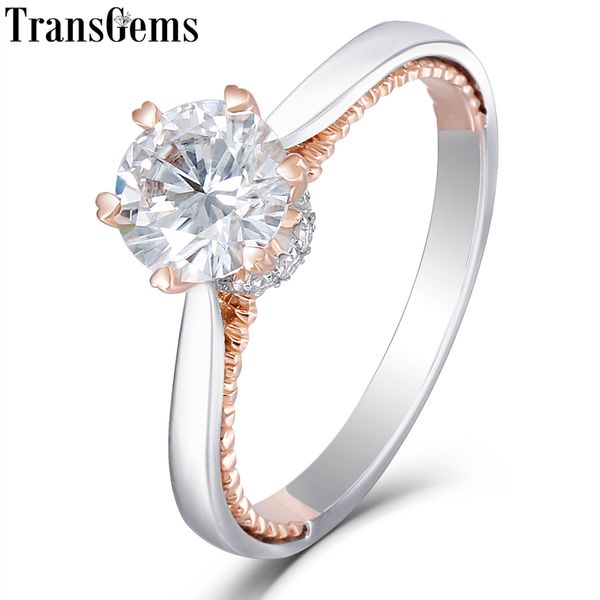 

transgems 14k white and rose gold 1ct 6.5mm moissanite engagement ring for women wedding solid two tones ladies ring y19061203, Slivery;golden