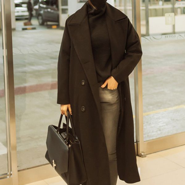 

lanmrem 2019 autumn and winter new casual fashion temperament women loose plus solid color long double-breasted wool coat tc319, Black;brown