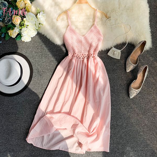 

2019 new fashion womens dresses fresh openwork knit stitching v neck mid calf strap high waist dress drop shipping, Black;gray