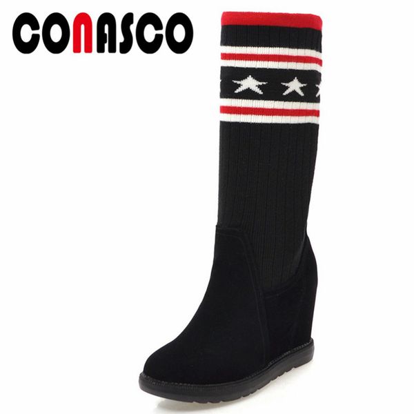 

conasco 1fashion women mid-calf boots round toe cow suede high heels shoes woman autumn winter warm casual quality high boots, Black