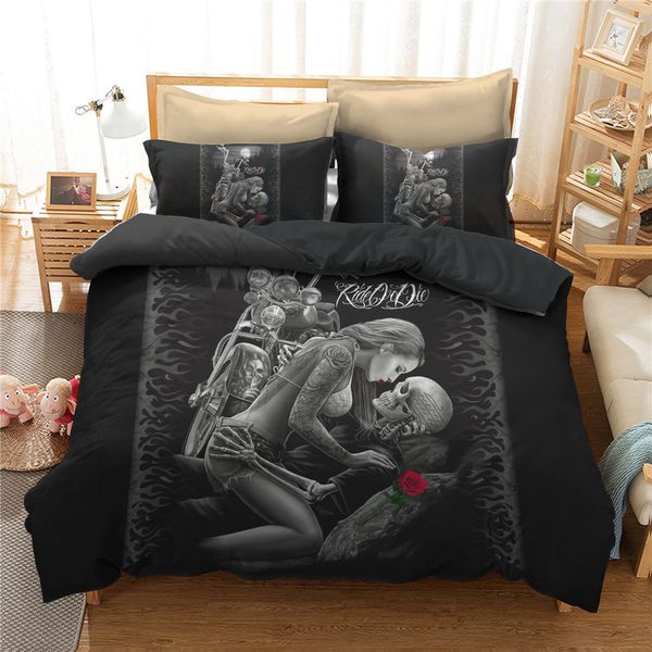 3d Bedspread Skull Bedding Sets Beautiful Black Bed Linen Motorcycle Couple Bed Set Women Sexy Duvet Cover Set Gothic Style Home Cotton Comforter Set