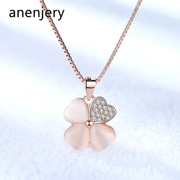 

sweet powder crystal lucky flower pendant necklace for women zircon 925 sterling silver chain necklace