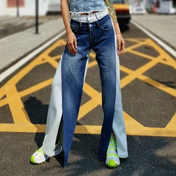 

harajuku конструктора стильные женщины денимы два цвета лоскутная срощенной jeans europe bf искусственной два штучных широких ноги брюк длин, Blue