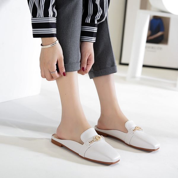 

new flats mules women square toe slippers metal decoration shallow shoes flat mule soft comfortable loafers sandalias mujer, Black