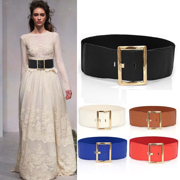 

fashion women belt gold metal buckle leather belt dress suit slim wide waist elastic pasek damski ceinture femme riem #h, Black;brown