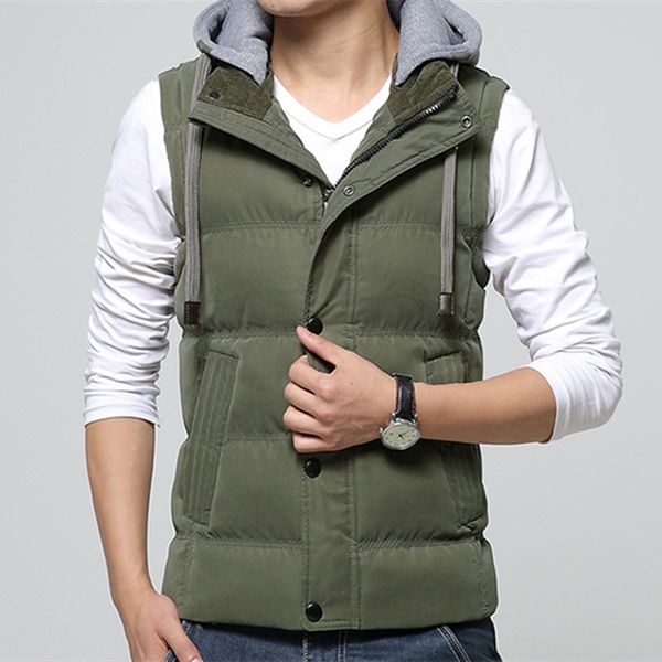 

men casual vest winter coat hat detachable men waistcoat sleeveless jacket solid outwear vest 4 colors male, Black;white