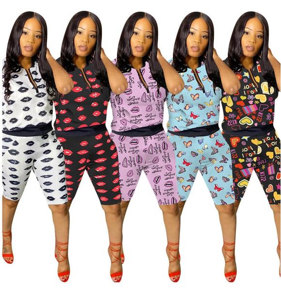 

women letters lips printing summer shorts set for women two piece set short sleeves t shirt shorts sport suit tracksuit sportswear d61507, White