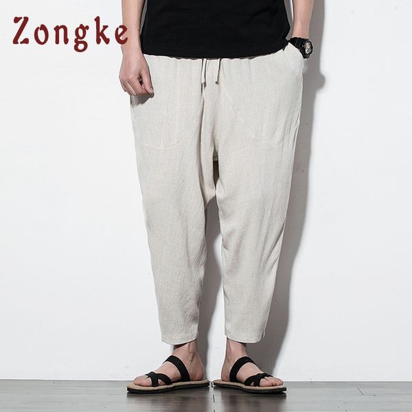 

zongke ankle-length streetwear linen pants men jogger hip hop trousers men pants joggers sweatpants harem 2019 spring, Black