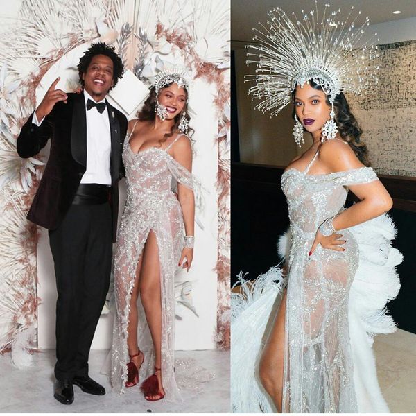 

2020 wedding dresses spaghetti straps lace appliques beads sequins mermaid bridal gowns side split backless sweep train wedding dress, White