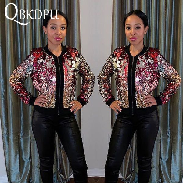

women party glitter sequin coat clubwear long sleeve casual basic baseball coat zipper bling pailletten jacke 2019 new, Black;brown
