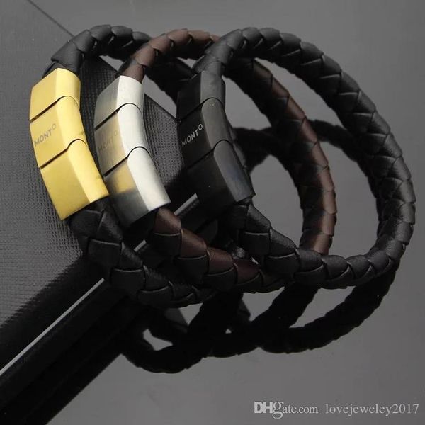 

mont woven leather bracelets with gold buckle design for men magnetic snap bracelet brand named fashion jewelry, Golden;silver