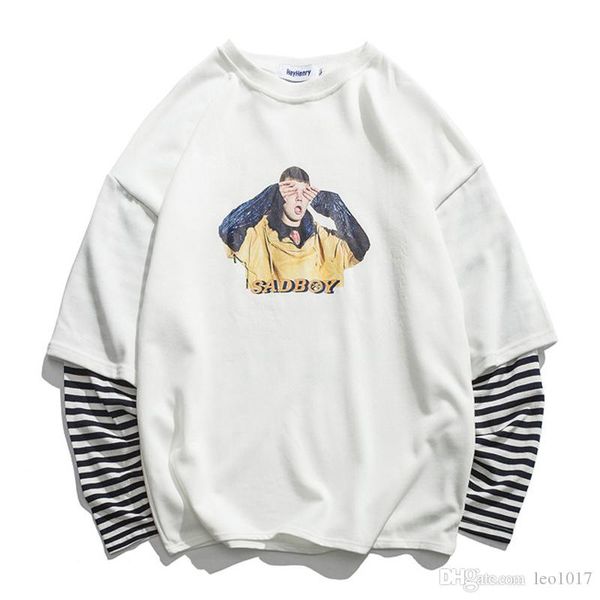 

sad boy printed stripe patchwork sleeve men's sweatshirt 2018 new funny printing high street sweatshirts streetwear clothing