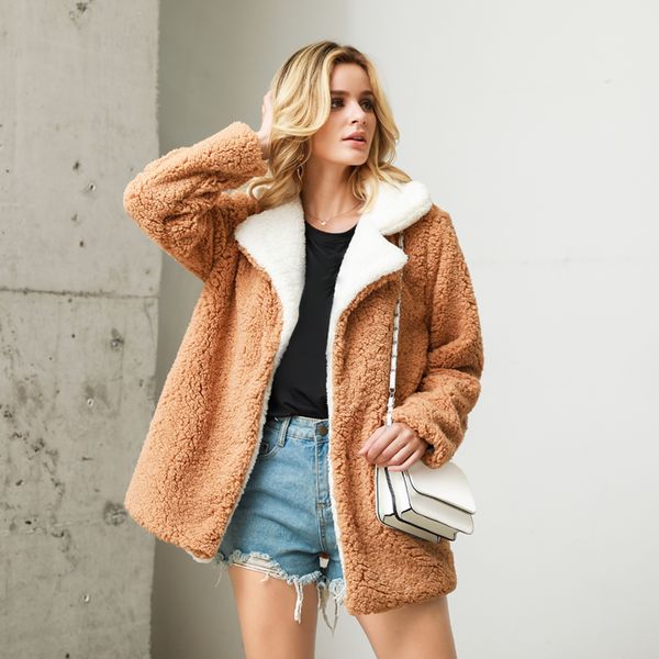 

women's fur & faux s-4xl fashion women autumn winter warm soft elegant coat jacket female plush overcoat pocket casual outwear, Black