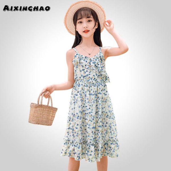 

summer dress for girls floral print dress girls ruffles beach for kids sleeveless teenage chidren girl clothes, Red;yellow