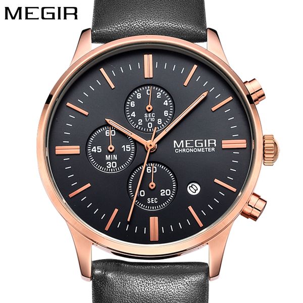 

megir relojes hombre men's wrisr watches fashion casual leather strap chrongraph sport watch gold antique watch men, Slivery;brown