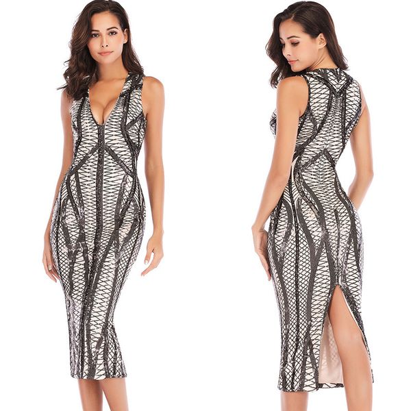 

amazon for speed sell pass new style v-neck elastic sequined sleeveless dress dress party, Black;gray