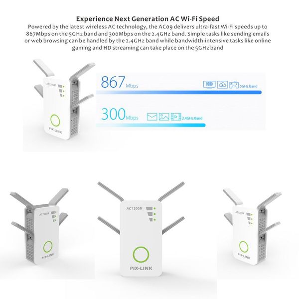 

ac1200m wireless high power /router/ap range extender 2.4g and 5g signal yes 10 100mbps