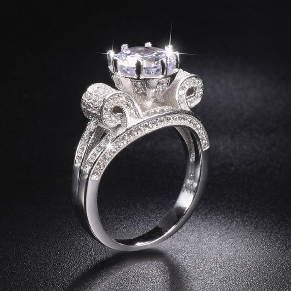 Anelli di fiori di loto in vero argento sterling 100% solido 100% per le donne Gioielli da sposa in platino con diamanti simulati da 4 carati di lusso TAGLIA 5-10