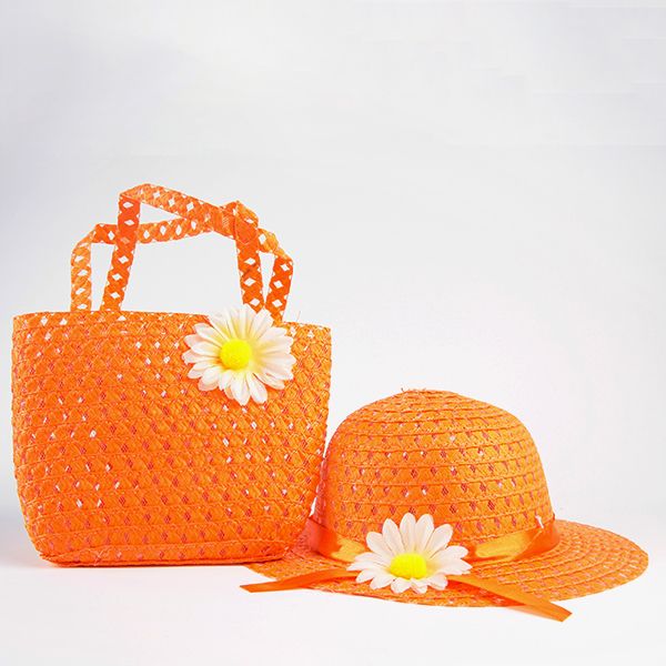 

girls kids beach hats bags flower straw hat cap tote handbag bag suit children summer sun hat 54cm for 3-7 years, Blue;gray