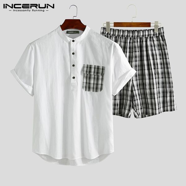 

incerun men casual наборы harajuku с коротким рукавом 2020 стенд воротник плед пэчворк рубашка плед шорты streetwear японский мужские костюм, Gray