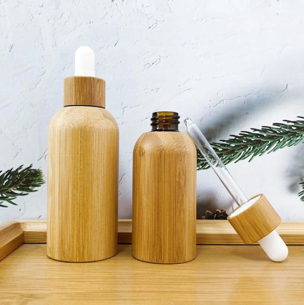 50ML 100ML Bottiglie di imballaggio di bambù naturale unico Olio essenziale Flacone contagocce cosmetico vuoto con pipetta di vetro Contenitori per trucco Tappo in legno