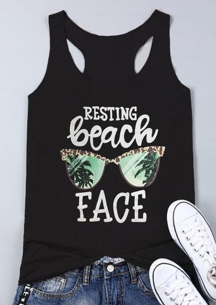 

fashion women tank resting beach face print tank 2019 casual summer sleeveless t shirt lady, White