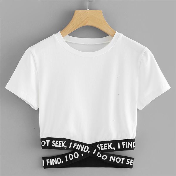 

womens clothing women designer tshirts contrast slogan waist tee 2019 summer round neck short sleeve women asymmetrical t shirt, White