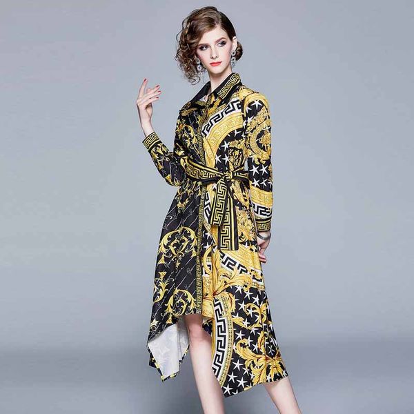 

new luxury vintage baroque printed dress spring fall runway women's casual asymmetrical dress office lady business slim party prom dres, Black;gray