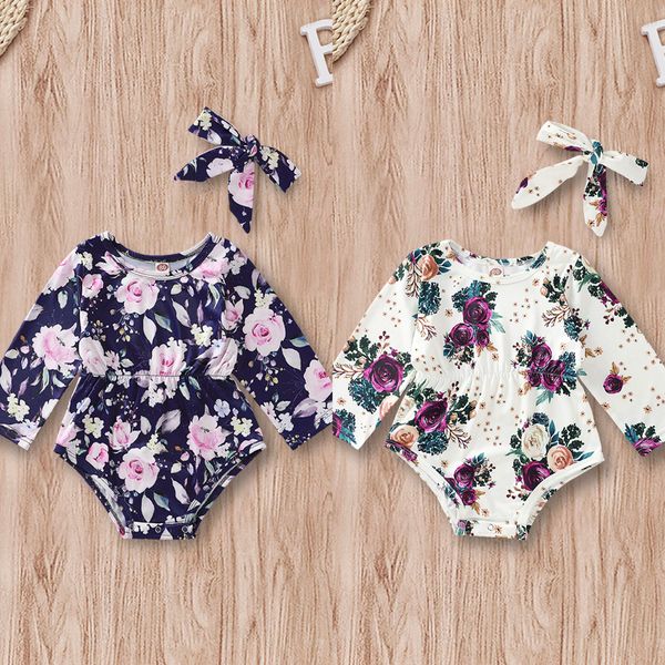 

fashion newborn baby girl clothes new arrival infant baby boy girls long sleeve floral print romper jumpsuit+headband outfits, Blue